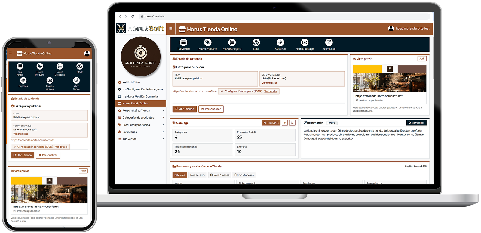 Tienda online HorusSoft: panel con checklist, vista previa y resumen IA