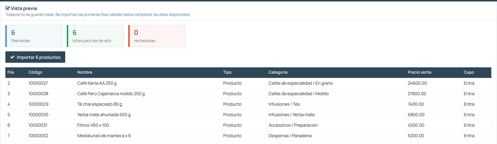 Vista previa de la importación de productos desde Excel, antes de confirmar el alta